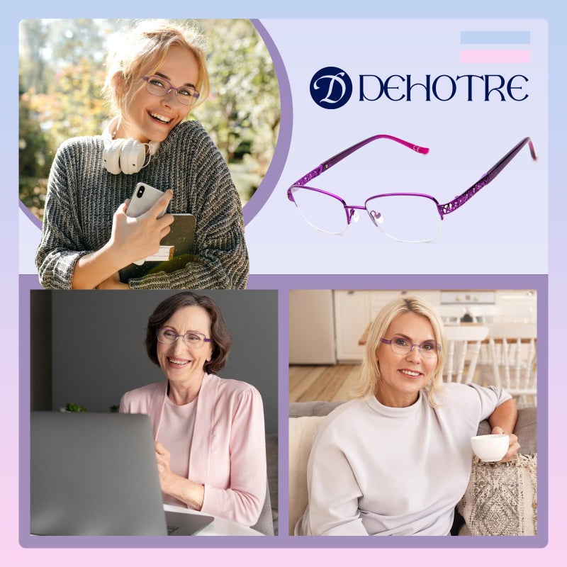 DEHOTRE نظارات القراءة DEHOTRE التقدمية متعددة البؤر للنساء بدون خط قارئات ثنائية البؤرة مع وسادة أنف معدنية نصف إطار متوسط ​​المدى القريب 3أقدام أرجواني 1.50 - Image 5